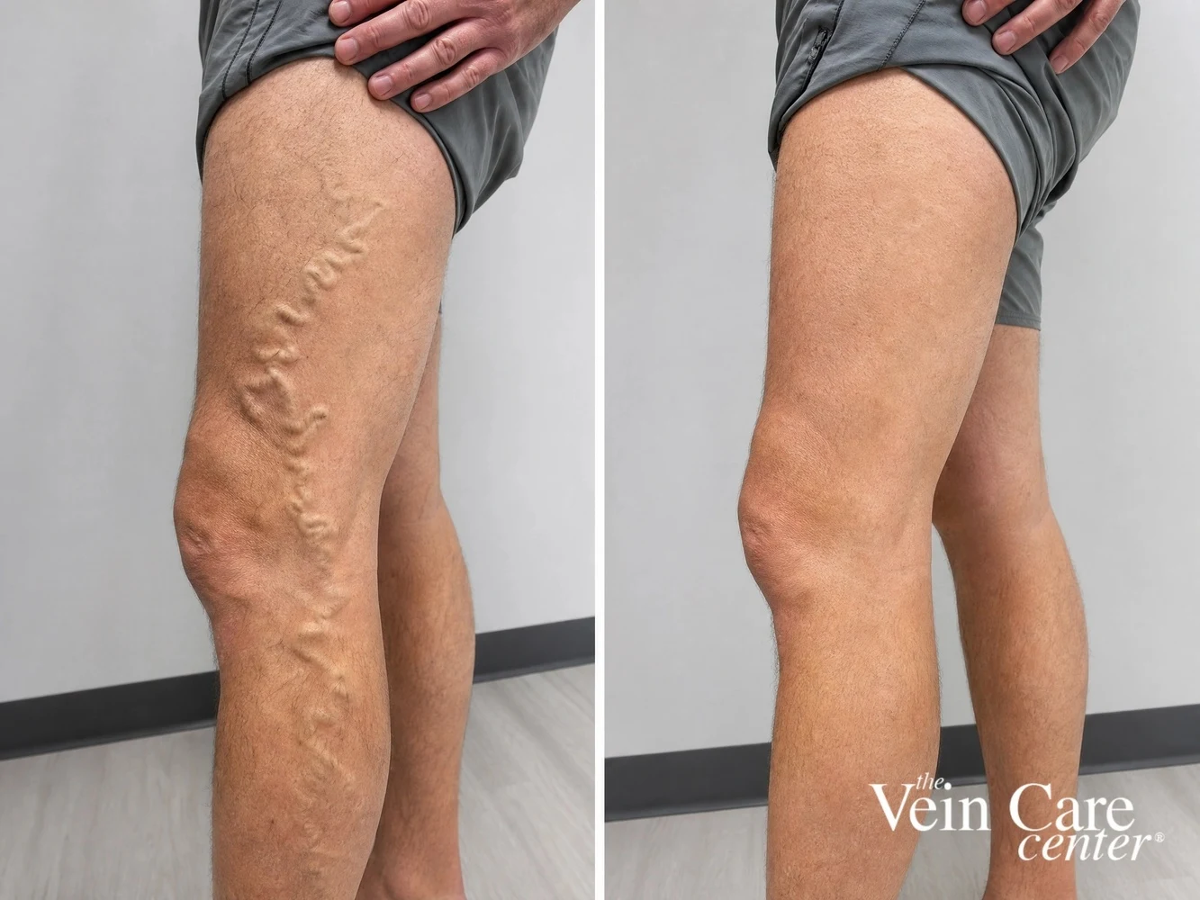 Before and after leg vein treatment showing clearer skin after sclerotherapy