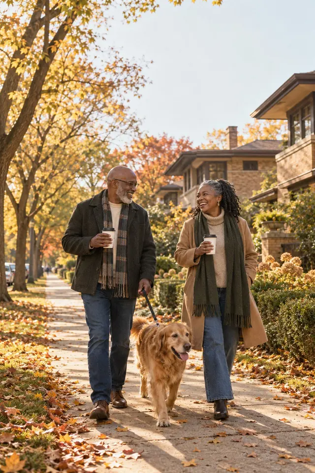 A couple walking their dog down a leafy Oak Park street in autumn