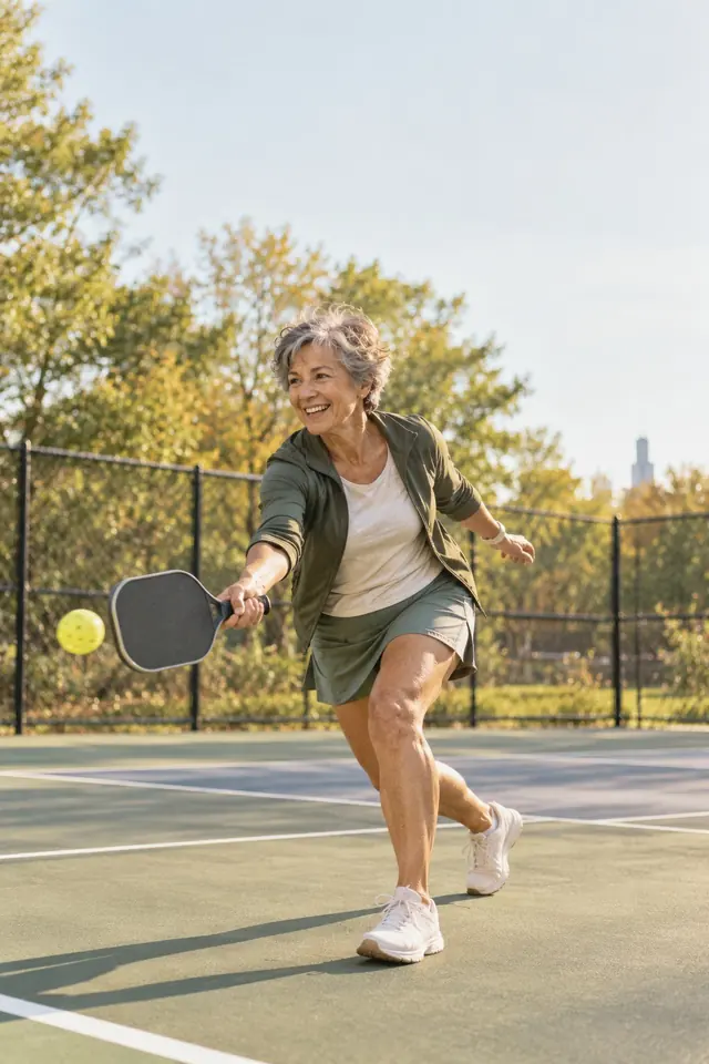A woman playing pickleball on an outdoor court